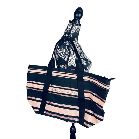 Victoria's Secret Handbags - VS pink metallic & black large striped full zip canvas travel tote size XL